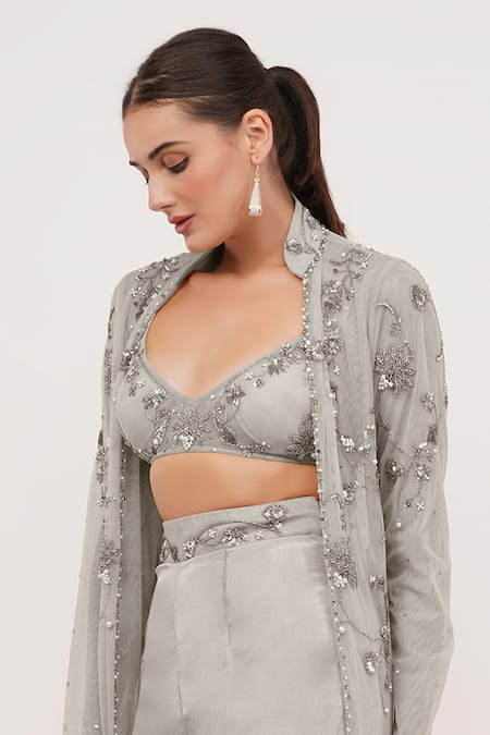 Buy Shourya Gatha Grey Tulle, Polyester, Nylon, Silk Moonstone Hand Embroidered Long Palazzo Set Online at Aza Fashions Buy_Shourya Gatha_Grey Tulle, Polyester, Nylon, Silk Moonstone Hand Embroidered Long Palazzo Set _Online_at_Aza_Fashions