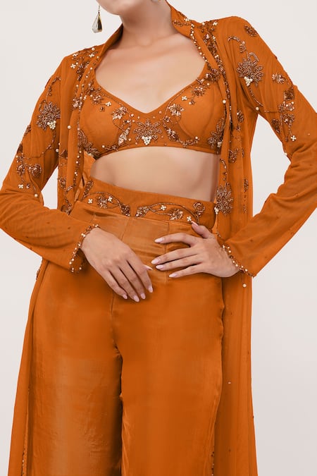 Shourya Gatha_Orange Tulle, Silk, Polyester, Nylon Embroidery, Floral Hand Jacket Palazzo Set _Online_at_Aza_Fashions