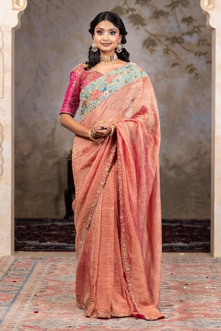 Nidhi Kejriwal Textured Peach Zardozi Embroidered Saree Set 