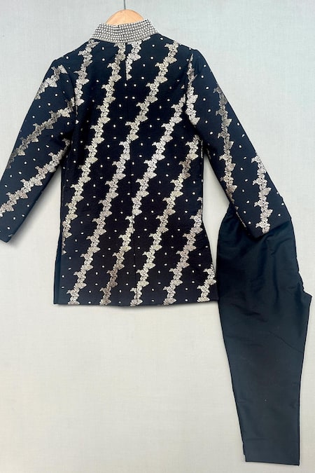 Shop_Label Neeti_Black Cotton, Silk Zari, Embroidery Floral Stripe Woven Sherwani Set _at_Aza_Fashions