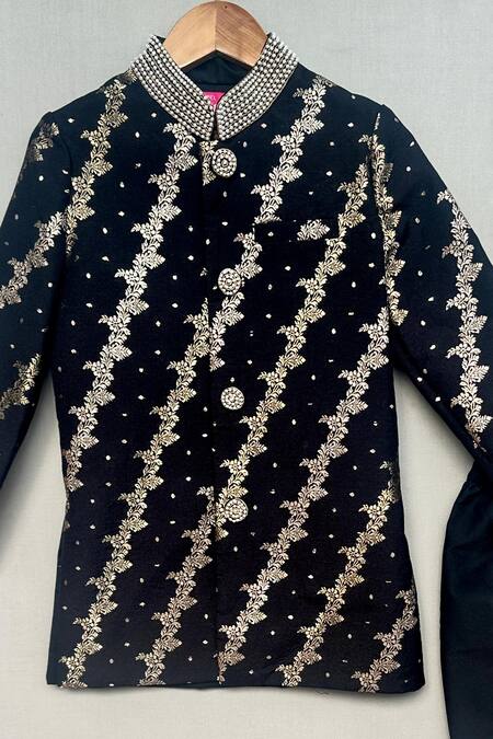 Label Neeti_Black Cotton, Silk Zari, Embroidery Floral Stripe Woven Sherwani Set _Online_at_Aza_Fashions
