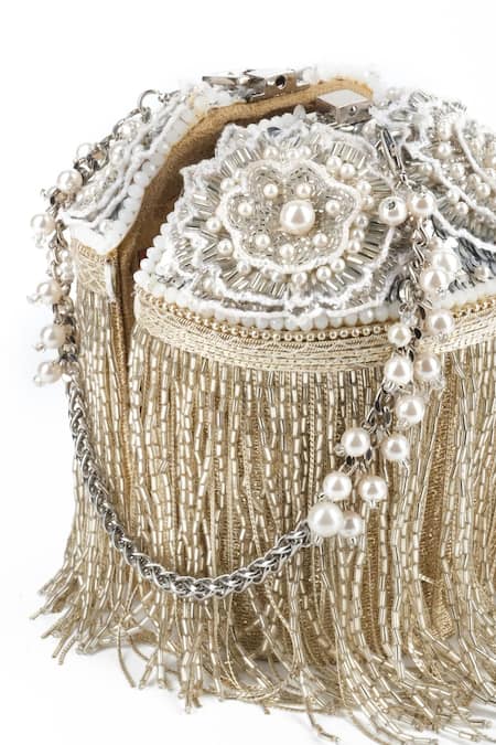 House Of Kosha_Silver Embroidery, Beads Ella Floral Embellished Potli Bag _Online_at_Aza_Fashions