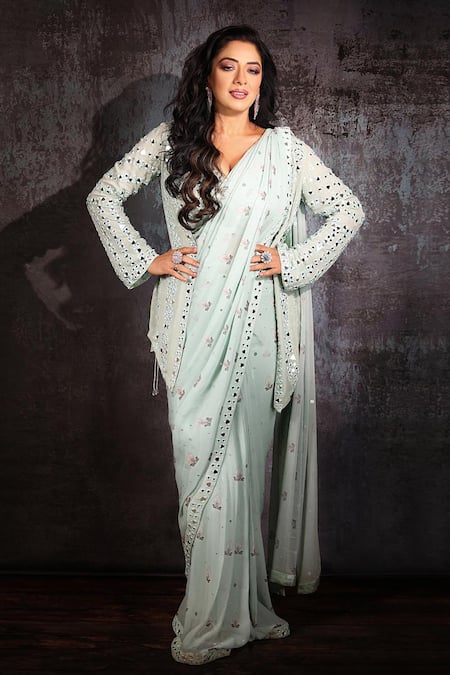 Archana Kochhar Pastel Sequin Embellished Pre-Draped Saree Jacket Set 
