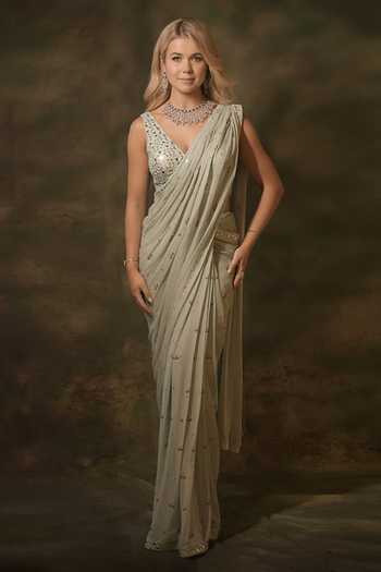 Buy_Archana Kochhar_Green Georgette Sequins, Mirrors Pastel Embellished Pre-draped Saree Jacket Set _Online_at_Aza_Fashions