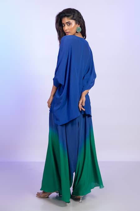 Buy_Vishwa By Pinki Sinha_Blue Crepe V-neck Kaftan Top And Ombre Draped Pant Set _Online_at_Aza_Fashions