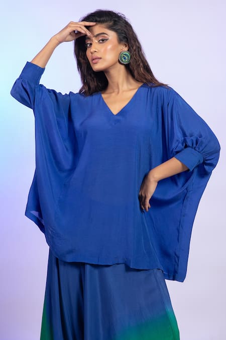 Shop_Vishwa By Pinki Sinha_Blue Crepe V-neck Kaftan Top And Ombre Draped Pant Set _Online_at_Aza_Fashions