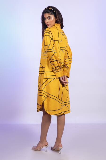 Vishwa By Pinki Sinha_Yellow Cotton Mandarin Collar Stripe Print Midi Dress _Online_at_Aza_Fashions