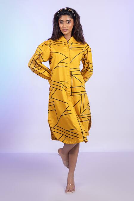 Buy_Vishwa By Pinki Sinha_Yellow Cotton Mandarin Collar Stripe Print Midi Dress _Online_at_Aza_Fashions