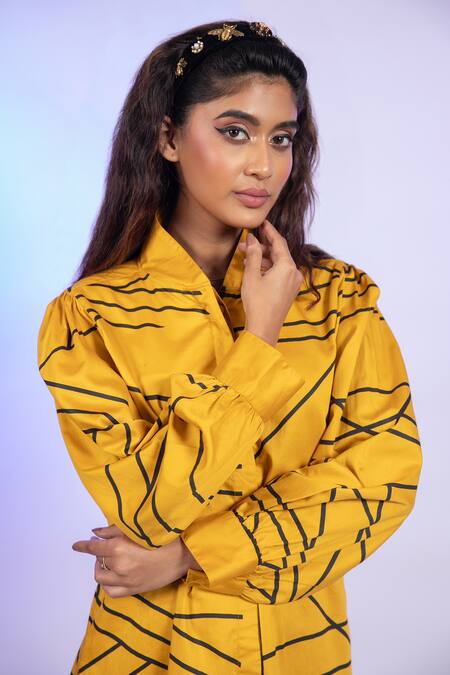 Shop_Vishwa By Pinki Sinha_Yellow Cotton Mandarin Collar Stripe Print Midi Dress _Online_at_Aza_Fashions