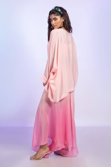 Buy_Vishwa By Pinki Sinha_Pink Crepe V-neck Plain Kaftan Top And Ombre Draped Pant Set _Online_at_Aza_Fashions