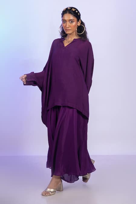 Vishwa By Pinki Sinha_Purple Crepe V-neck Asymmetric Kaftan Top And Draped Pant Set _Online_at_Aza_Fashions