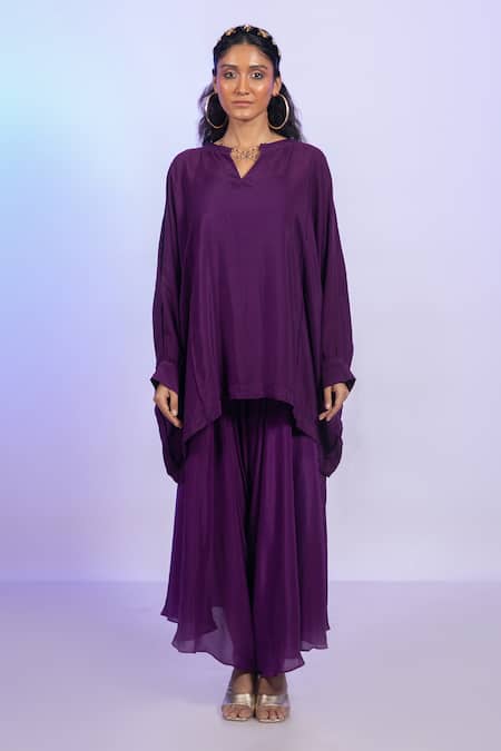 Buy_Vishwa By Pinki Sinha_Purple Crepe V-neck Asymmetric Kaftan Top And Draped Pant Set _Online_at_Aza_Fashions