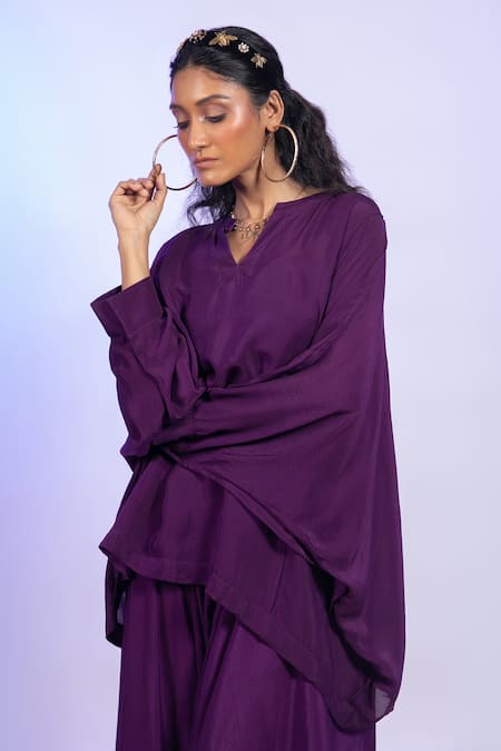 Shop_Vishwa By Pinki Sinha_Purple Crepe V-neck Asymmetric Kaftan Top And Draped Pant Set _Online_at_Aza_Fashions