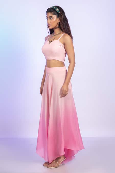 Vishwa By Pinki Sinha_Pink Crepe Sweetheart Neck Top And Ombre Draped Pant Set _Online_at_Aza_Fashions