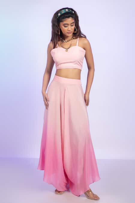 Shop_Vishwa By Pinki Sinha_Pink Crepe Sweetheart Neck Top And Ombre Draped Pant Set _Online_at_Aza_Fashions
