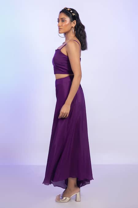 Vishwa By Pinki Sinha_Purple Crepe Sweetheart Neck Solid Top And Draped Pant Set _Online_at_Aza_Fashions