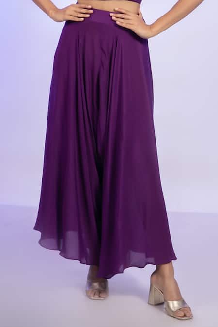 Buy_Vishwa By Pinki Sinha_Purple Crepe Sweetheart Neck Solid Top And Draped Pant Set _Online_at_Aza_Fashions