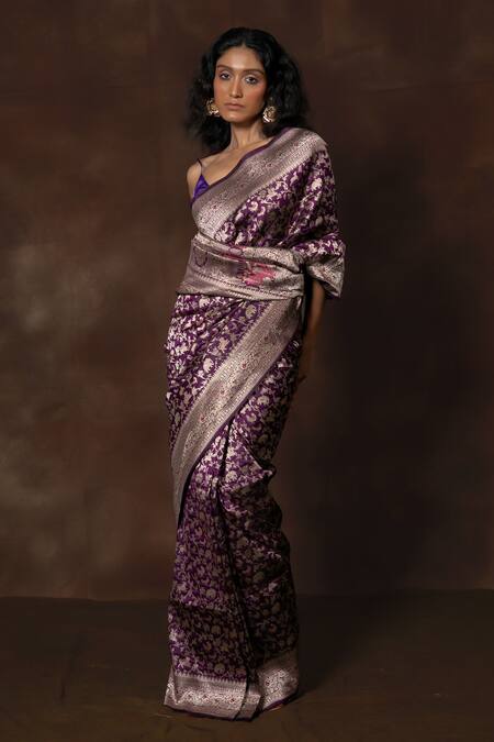 Vishwa By Pinki Sinha Purple Silk Floral Woven Banarasi Saree With Running Blouse Online at Aza Fashions Vishwa By Pinki Sinha_Purple Silk Floral Woven Banarasi Saree With Running Blouse _Online_at_Aza_Fashions