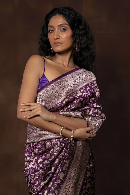 Buy Vishwa By Pinki Sinha Purple Silk Floral Woven Banarasi Saree With Running Blouse Online at Aza Fashions Buy_Vishwa By Pinki Sinha_Purple Silk Floral Woven Banarasi Saree With Running Blouse _Online_at_Aza_Fashions