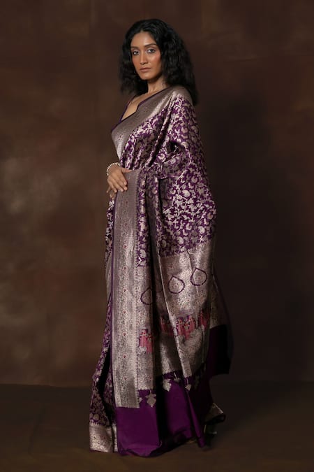 Shop Vishwa By Pinki Sinha Purple Silk Floral Woven Banarasi Saree With Running Blouse at Aza Fashions Shop_Vishwa By Pinki Sinha_Purple Silk Floral Woven Banarasi Saree With Running Blouse _at_Aza_Fashions