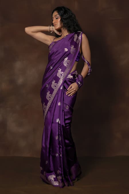 Vishwa By Pinki Sinha_Purple Silk Peacock Elephant Woven Saree With Running Blouse _Online_at_Aza_Fashions