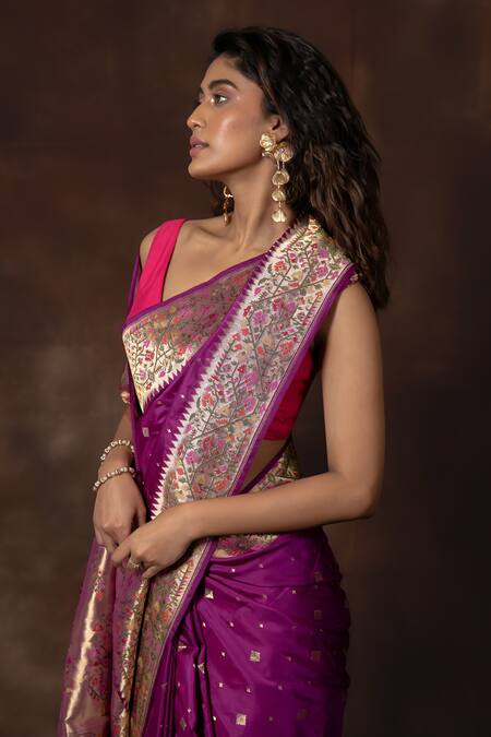 Buy_Vishwa By Pinki Sinha_Purple Silk Zari Geometric Woven Saree With Running Blouse_Online_at_Aza_Fashions
