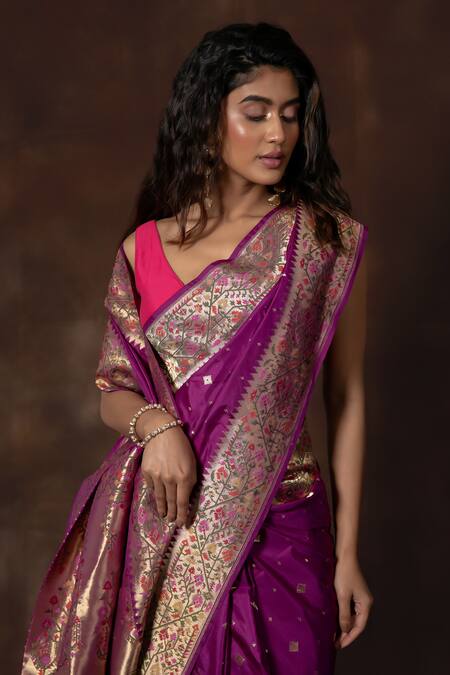 Shop_Vishwa By Pinki Sinha_Purple Silk Zari Geometric Woven Saree With Running Blouse_Online_at_Aza_Fashions