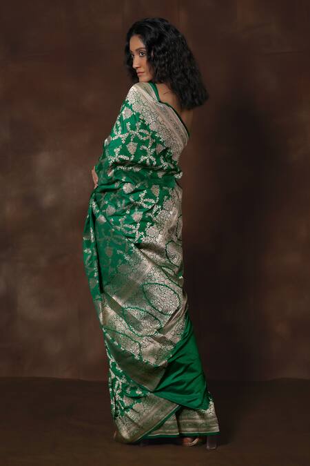 Shop Vishwa By Pinki Sinha Green Silk Floral Vine Woven Saree With Running Blouse at Aza Fashions Shop_Vishwa By Pinki Sinha_Green Silk Floral Vine Woven Saree With Running Blouse_at_Aza_Fashions