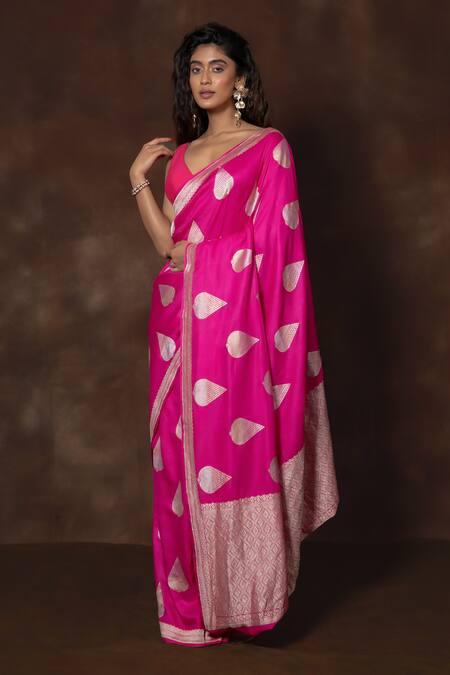 Vishwa By Pinki Sinha Pink Tussar, Georgette Tear Drop Floral Woven Saree With Running Blouse Online at Aza Fashions Vishwa By Pinki Sinha_Pink Tussar, Georgette Tear Drop Floral Woven Saree With Running Blouse_Online_at_Aza_Fashions