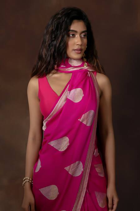 Buy Vishwa By Pinki Sinha Pink Tussar, Georgette Tear Drop Floral Woven Saree With Running Blouse Online at Aza Fashions Buy_Vishwa By Pinki Sinha_Pink Tussar, Georgette Tear Drop Floral Woven Saree With Running Blouse_Online_at_Aza_Fashions