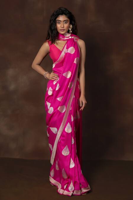 Shop Vishwa By Pinki Sinha Pink Tussar, Georgette Tear Drop Floral Woven Saree With Running Blouse at Aza Fashions Shop_Vishwa By Pinki Sinha_Pink Tussar, Georgette Tear Drop Floral Woven Saree With Running Blouse_at_Aza_Fashions