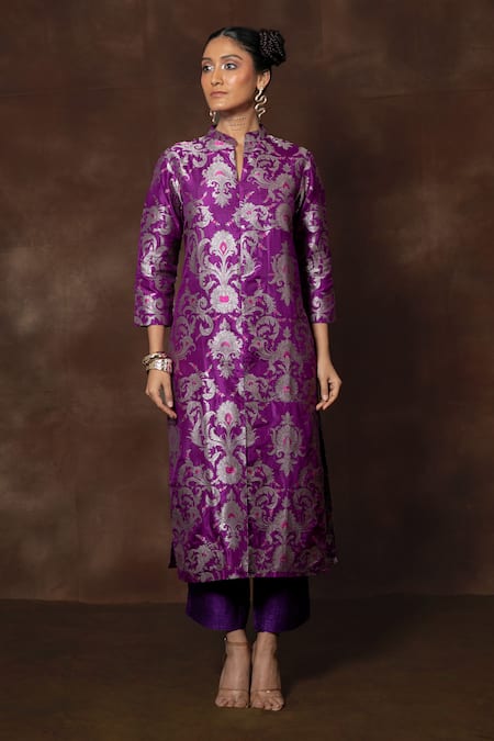 Buy_Vishwa By Pinki Sinha_Purple Silk Embroidery Mandarin Collar Banarasi Woven Kurta Set _Online_at_Aza_Fashions