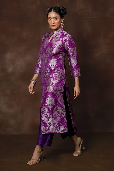 Shop_Vishwa By Pinki Sinha_Purple Silk Embroidery Mandarin Collar Banarasi Woven Kurta Set _Online_at_Aza_Fashions