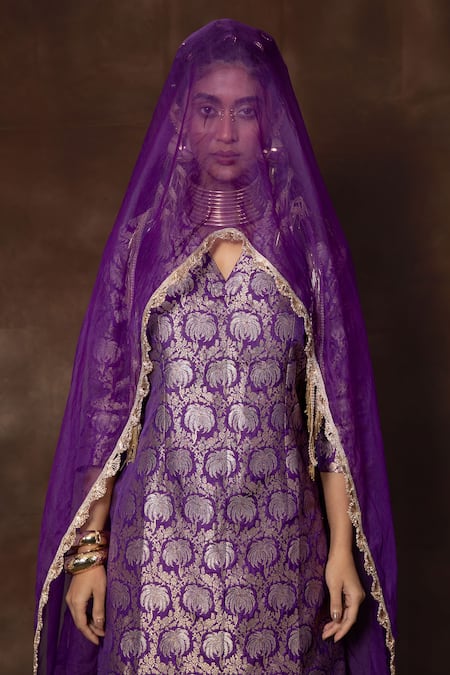 Buy_Vishwa By Pinki Sinha_Purple Silk, Brocade Lace V-neck Banarasi Kurta Gharara Set _Online_at_Aza_Fashions