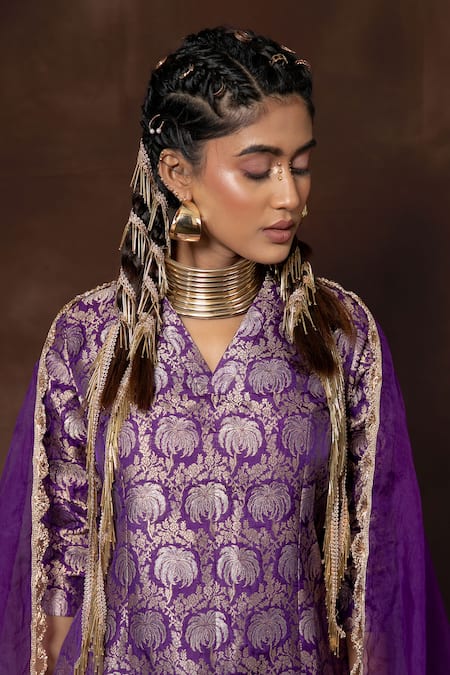 Shop_Vishwa By Pinki Sinha_Purple Silk, Brocade Lace V-neck Banarasi Kurta Gharara Set _Online_at_Aza_Fashions