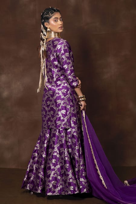 Vishwa By Pinki Sinha Purple Silk Lace Round Neck Floral Blossom Woven Kurta Gharara Set Online at Aza Fashions Vishwa By Pinki Sinha_Purple Silk Lace Round Neck Floral Blossom Woven Kurta Gharara Set _Online_at_Aza_Fashions