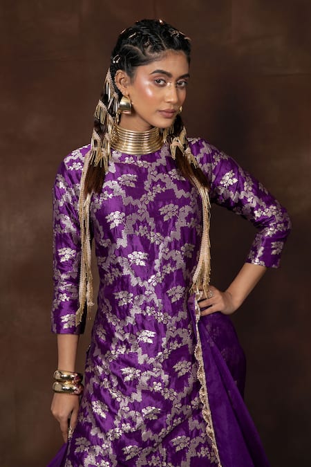 Buy Vishwa By Pinki Sinha Purple Silk Lace Round Neck Floral Blossom Woven Kurta Gharara Set Online at Aza Fashions Buy_Vishwa By Pinki Sinha_Purple Silk Lace Round Neck Floral Blossom Woven Kurta Gharara Set _Online_at_Aza_Fashions