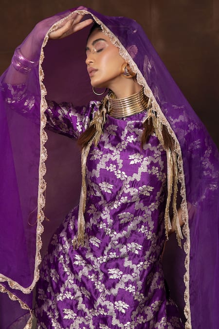 Shop Vishwa By Pinki Sinha Purple Silk Lace Round Neck Floral Blossom Woven Kurta Gharara Set Online at Aza Fashions Shop_Vishwa By Pinki Sinha_Purple Silk Lace Round Neck Floral Blossom Woven Kurta Gharara Set _Online_at_Aza_Fashions