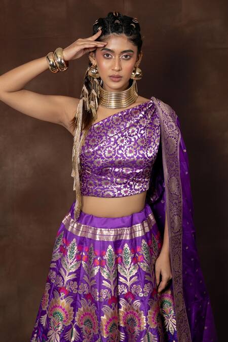 Vishwa By Pinki Sinha Purple Silk One Shoulder Panelled Woven Lehenga Set Online at Aza Fashions Vishwa By Pinki Sinha_Purple Silk One Shoulder Panelled Woven Lehenga Set_Online_at_Aza_Fashions