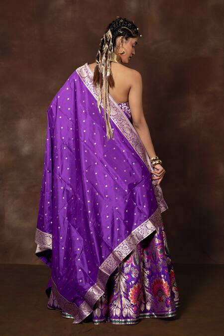 Shop Vishwa By Pinki Sinha Purple Silk One Shoulder Panelled Woven Lehenga Set at Aza Fashions Shop_Vishwa By Pinki Sinha_Purple Silk One Shoulder Panelled Woven Lehenga Set_at_Aza_Fashions