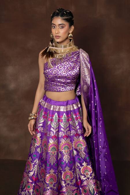 Shop Vishwa By Pinki Sinha Purple Silk One Shoulder Panelled Woven Lehenga Set Online at Aza Fashions Shop_Vishwa By Pinki Sinha_Purple Silk One Shoulder Panelled Woven Lehenga Set_Online_at_Aza_Fashions