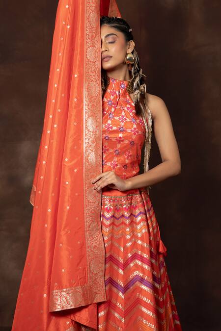 Buy_Vishwa By Pinki Sinha_Orange Silk Embroidery Halter Neck Chevron Woven Banarasi Lehenga Set_Online_at_Aza_Fashions