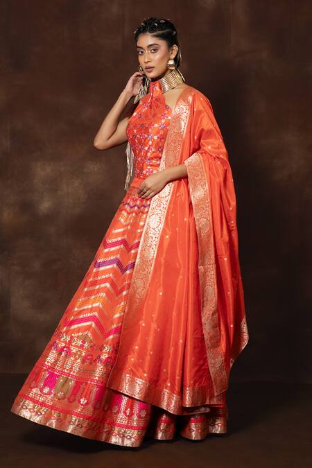 Shop_Vishwa By Pinki Sinha_Orange Silk Embroidery Halter Neck Chevron Woven Banarasi Lehenga Set_Online_at_Aza_Fashions