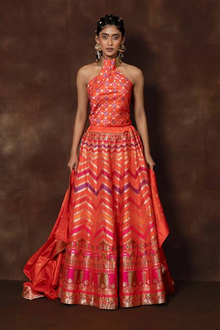 Vishwa By Pinki Sinha_Orange Silk Embroidery Halter Neck Chevron Woven Banarasi Lehenga Set_at_Aza_Fashions