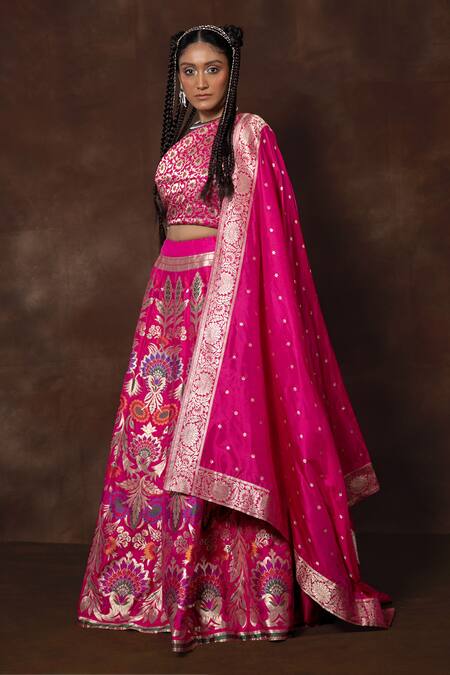 Buy_Vishwa By Pinki Sinha_Pink Silk Embroidery Floral Vine Woven Lehenga Set_Online_at_Aza_Fashions