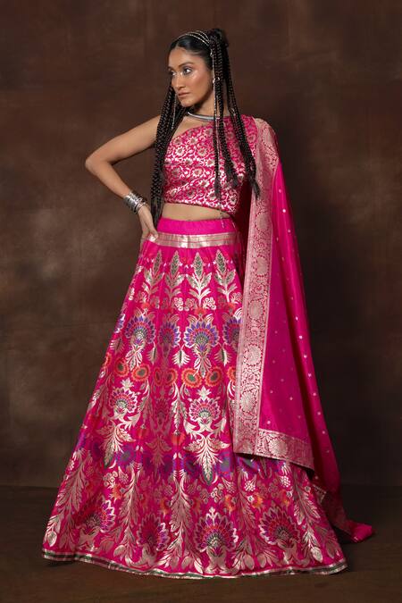 Shop_Vishwa By Pinki Sinha_Pink Silk Embroidery Floral Vine Woven Lehenga Set_Online_at_Aza_Fashions
