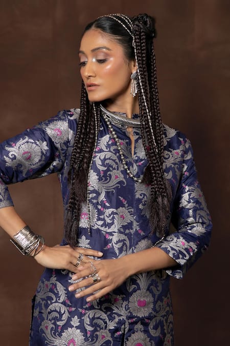 Buy Vishwa By Pinki Sinha Blue Silk Mandarin Collar Woven Floral Vine Kurta Set Online at Aza Fashions Buy_Vishwa By Pinki Sinha_Blue Silk Mandarin Collar Woven Floral Vine Kurta Set _Online_at_Aza_Fashions