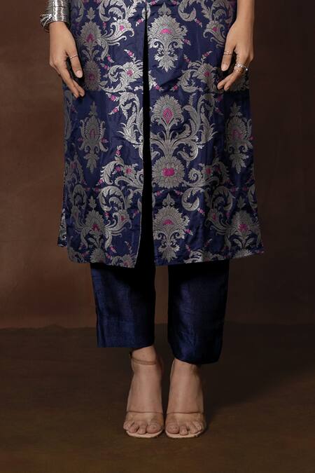 Shop Vishwa By Pinki Sinha Blue Silk Mandarin Collar Woven Floral Vine Kurta Set Online at Aza Fashions Shop_Vishwa By Pinki Sinha_Blue Silk Mandarin Collar Woven Floral Vine Kurta Set _Online_at_Aza_Fashions