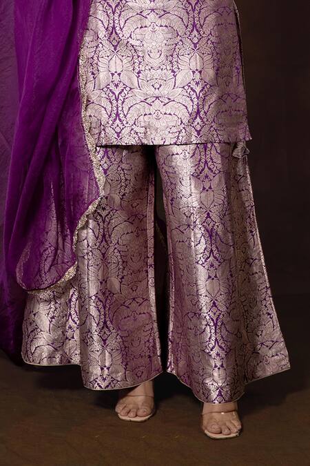 Vishwa By Pinki Sinha Purple Silk Lace Keyhole Neck Woven Floral Blossom Kurta Gharara Set Online at Aza Fashions Vishwa By Pinki Sinha_Purple Silk Lace Keyhole Neck Woven Floral Blossom Kurta Gharara Set _Online_at_Aza_Fashions