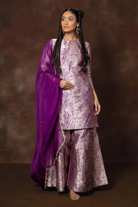 Buy Vishwa By Pinki Sinha Purple Silk Lace Keyhole Neck Woven Floral Blossom Kurta Gharara Set Online at Aza Fashions Buy_Vishwa By Pinki Sinha_Purple Silk Lace Keyhole Neck Woven Floral Blossom Kurta Gharara Set _Online_at_Aza_Fashions